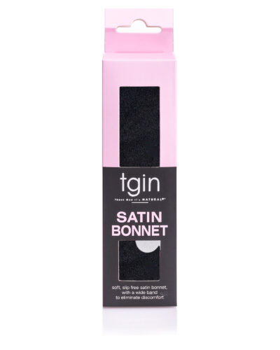 tgin black soft slip free satin bonnet with wide band to eliminate discomfort.