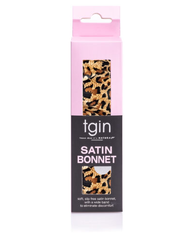tgin cheetah soft slip free satin bonnet with wide band to eliminate discomfort.